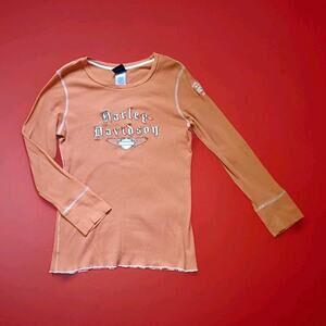 VTG Harley-Davidson Waffle Knit Thermal Top Womens L Scoop Neck Burnt Orange